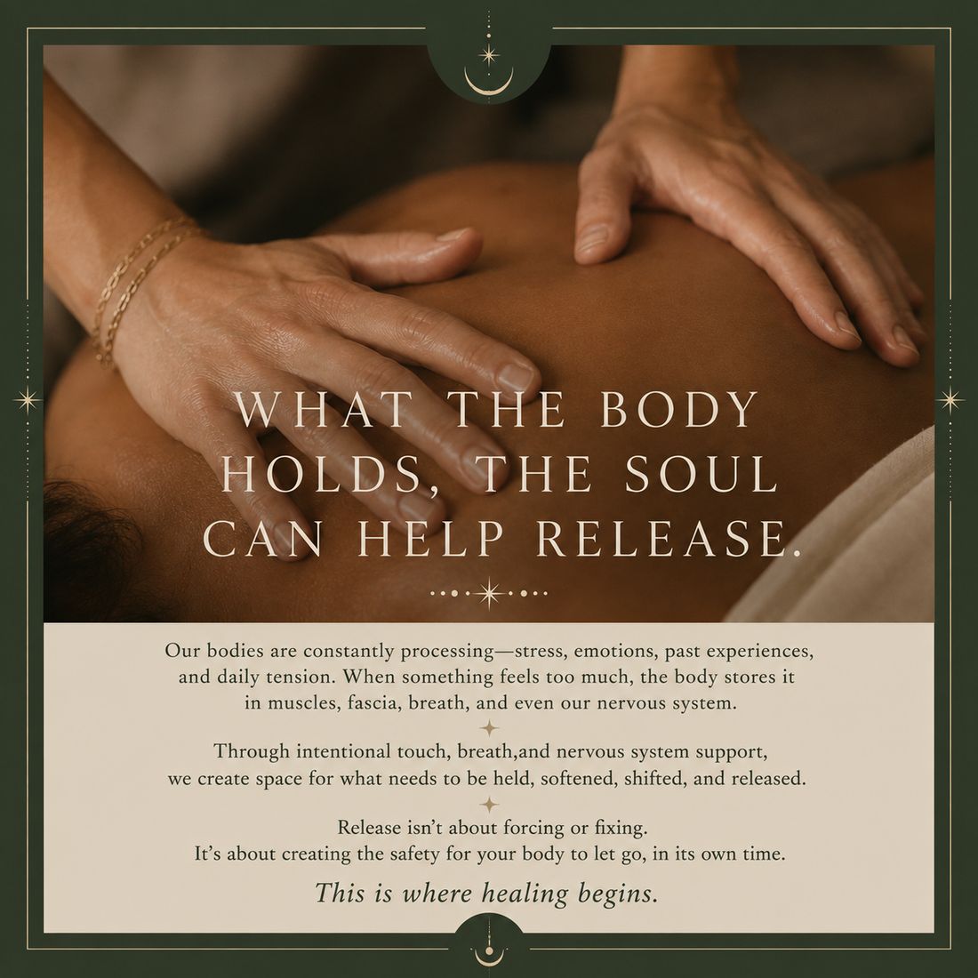 Therapeutic bodywork session with hands resting on a client's back